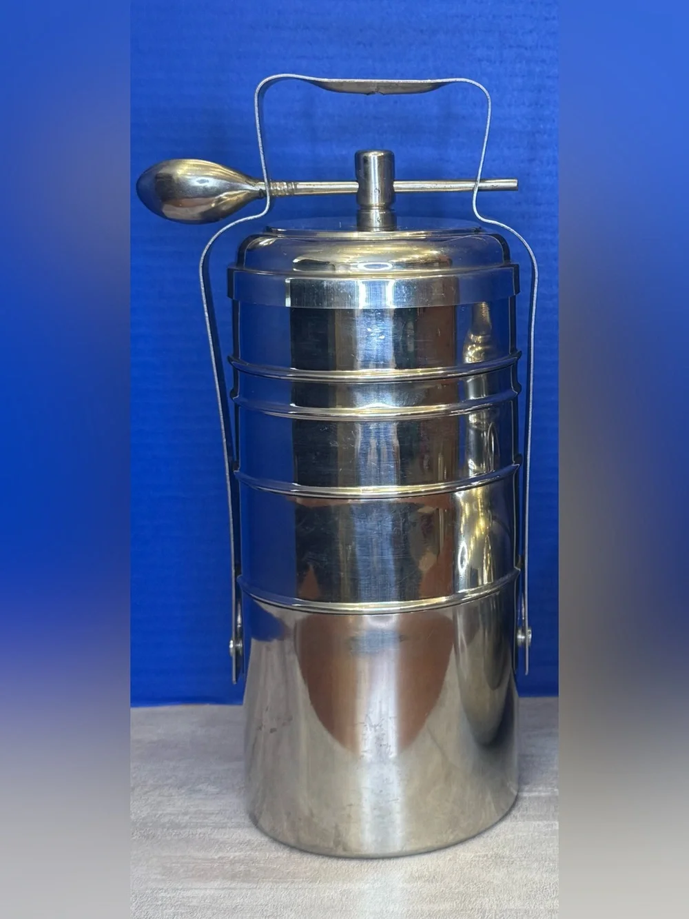 Stainless Steel Tiffin Lunch Carrier with Spoon - Silver 4 tier interlocking